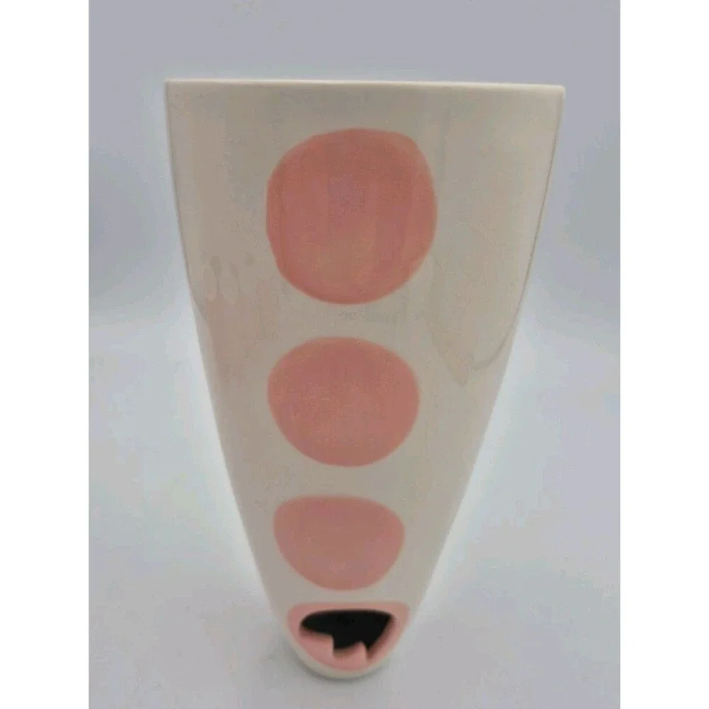 Russ Berrie Pink & White Polka Dot Vase w/ Tulip Cut Out 8 3/8